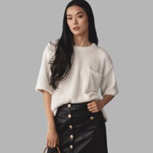 By Anthropologie Oversized Short Sleeve Knit Top M – White Fuzzy Textured